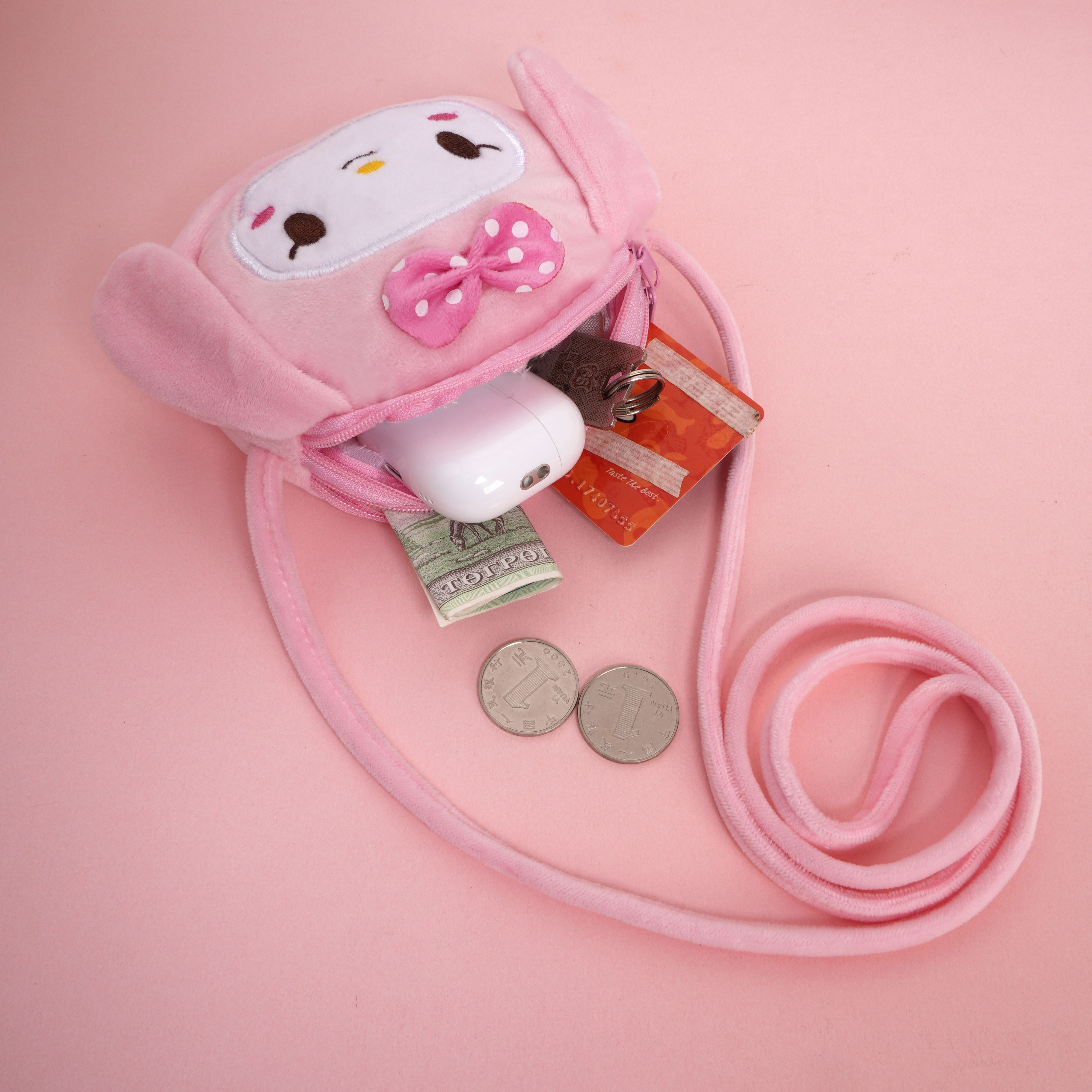 日系儿童毛绒斜挎包新款美乐蒂布丁狗卡通双层耳机钥匙口红收纳包