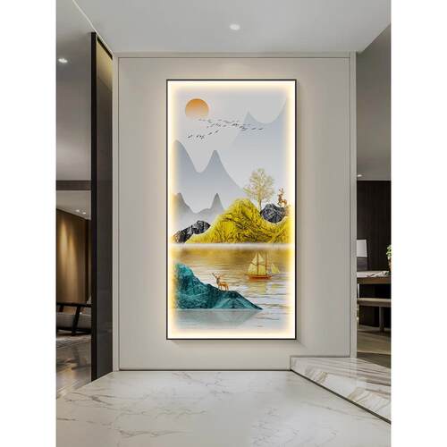 现代轻奢玄关装饰画入户走廊过道壁画竖版挂画旭日东升山水画风景