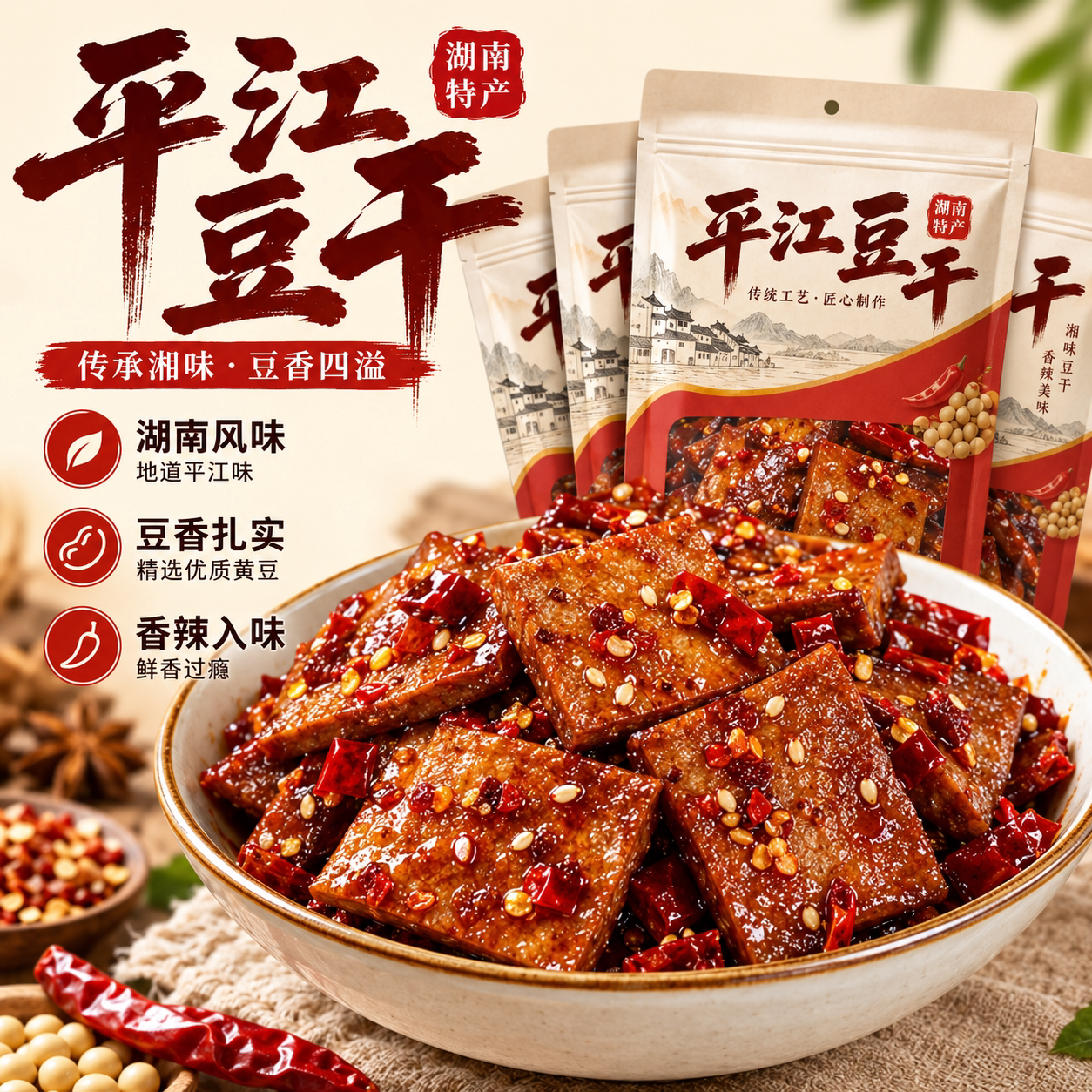 平江豆干湖南特产小包装散装香辣小零食老卤长寿酱干柴火薄香干子