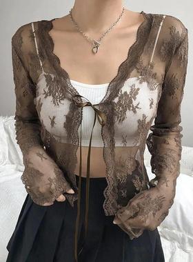 Women Sexy See Through Cardigans Y2K Long Sleeve Lace Mesh L