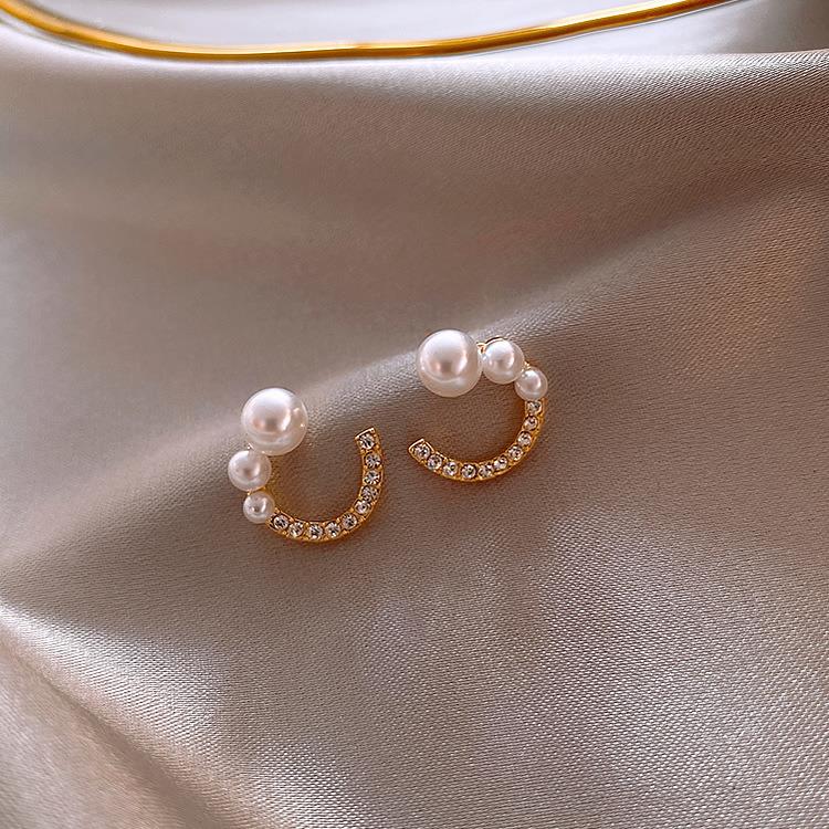 925 Silver Pin C- shaped Pearl Earrings tendy Niche Design E