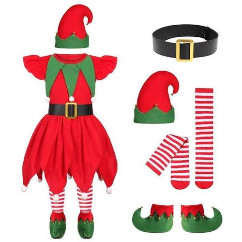 Girls Christmas Elf Dress Costume Set Elf Cosplay Outfit Vel