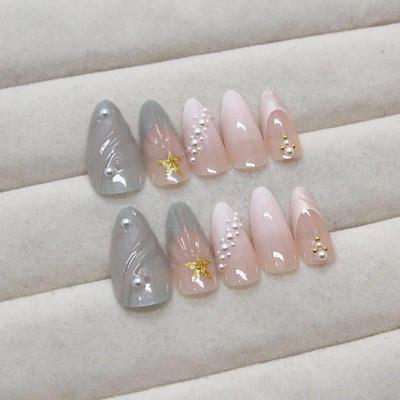 24pcs Blue Ocean Series False Nails Aurora Mermaid Shell Pea