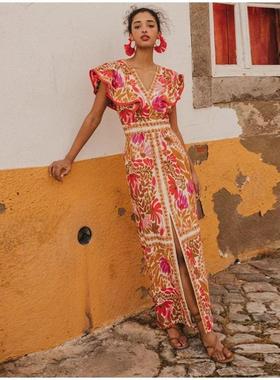 V-neck ruffled slit backless dress V领荷叶边开衩露背连衣裙女