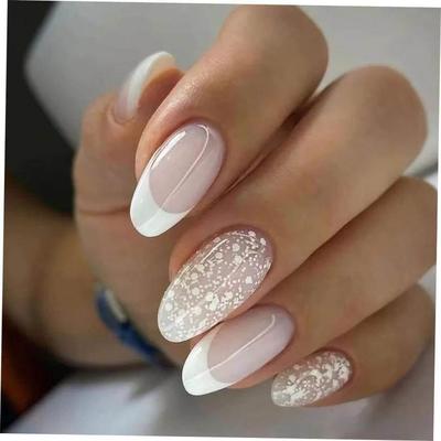 24Pcs French False Nails Almond Fake Nails with Glue Press o