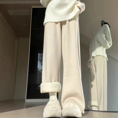 秋冬加绒灯芯绒阔腿裤女 高腰垂感宽松显瘦米白色 直筒休闲裤