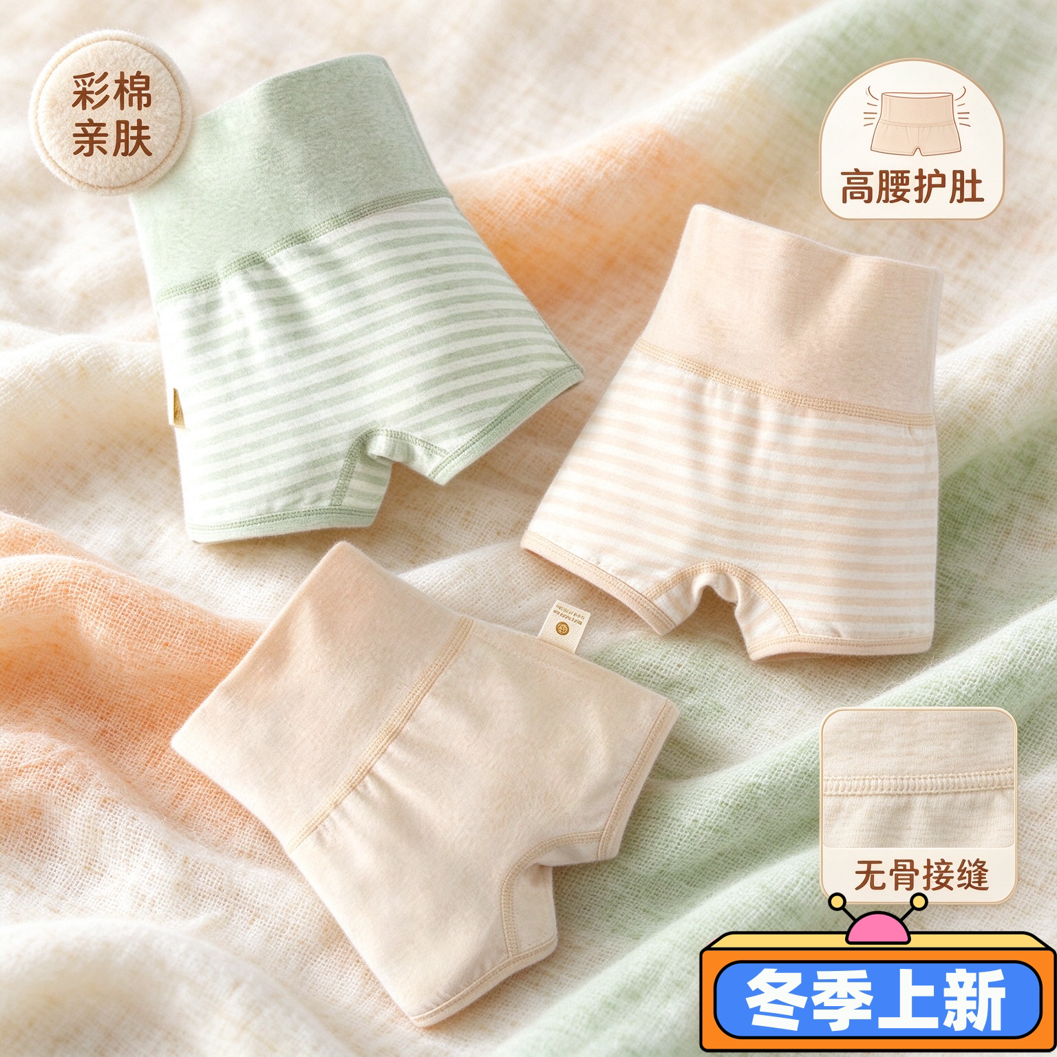 儿童天然彩棉高腰护脐平角内裤