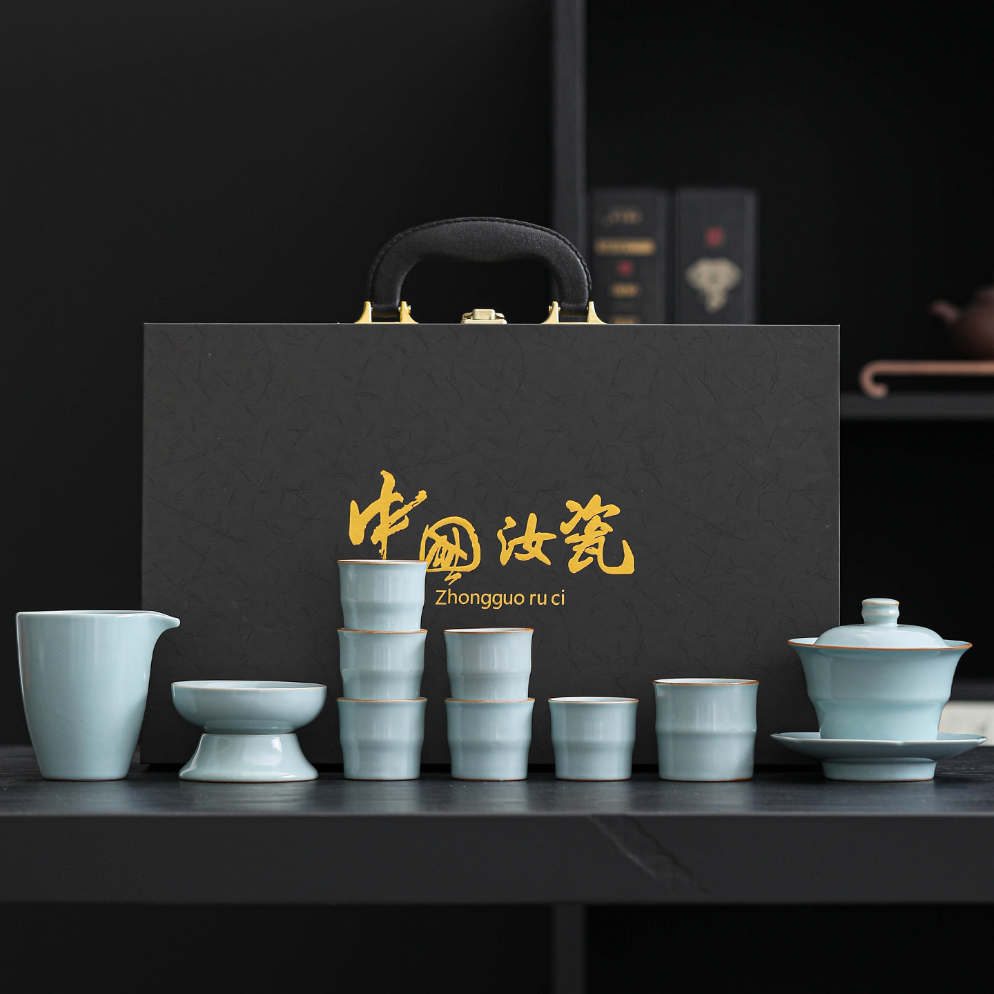 天青汝窑功夫茶具套装家用泡茶壶盖碗茶杯陶瓷高档伴手礼定制logo,餐饮具,功夫茶具,淘宝优惠券,粉丝福利购,淘宝优惠卷