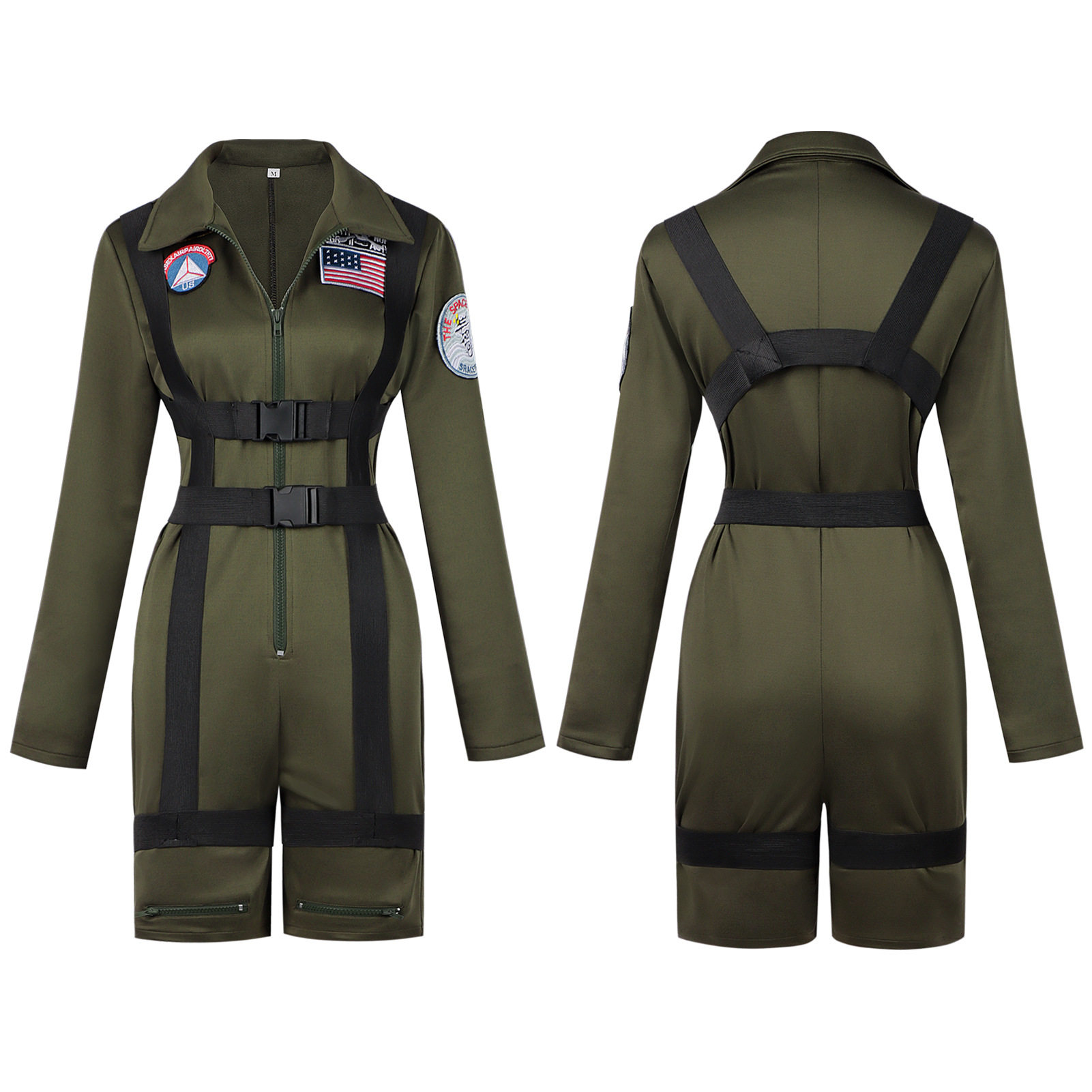 亚马逊欧美新品成人太空飞行员服军绿制服连体衣舞台演出服装