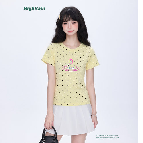 HighRain黄色波点短袖T恤女夏季