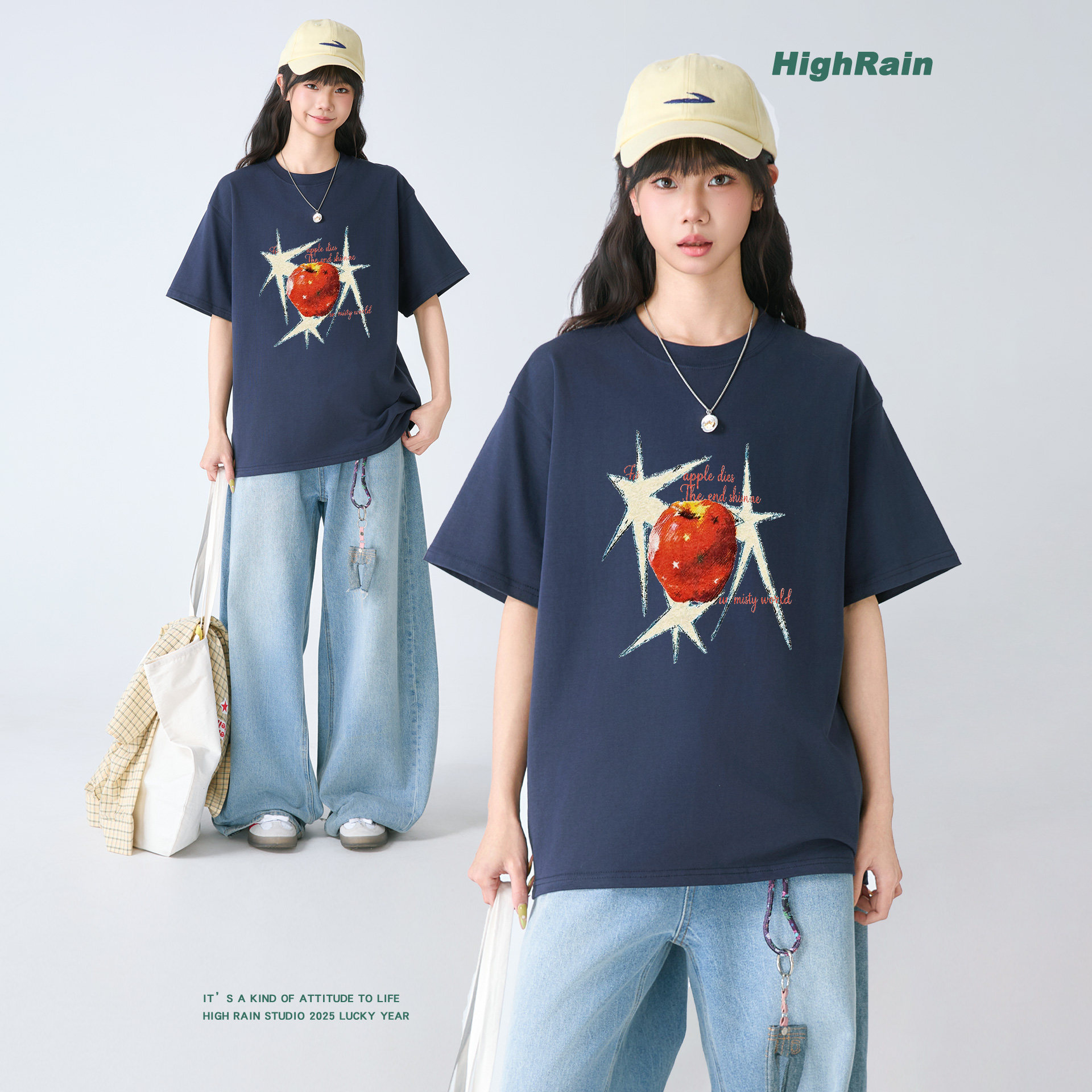 HighRain美式复古藏青色短袖T恤图片