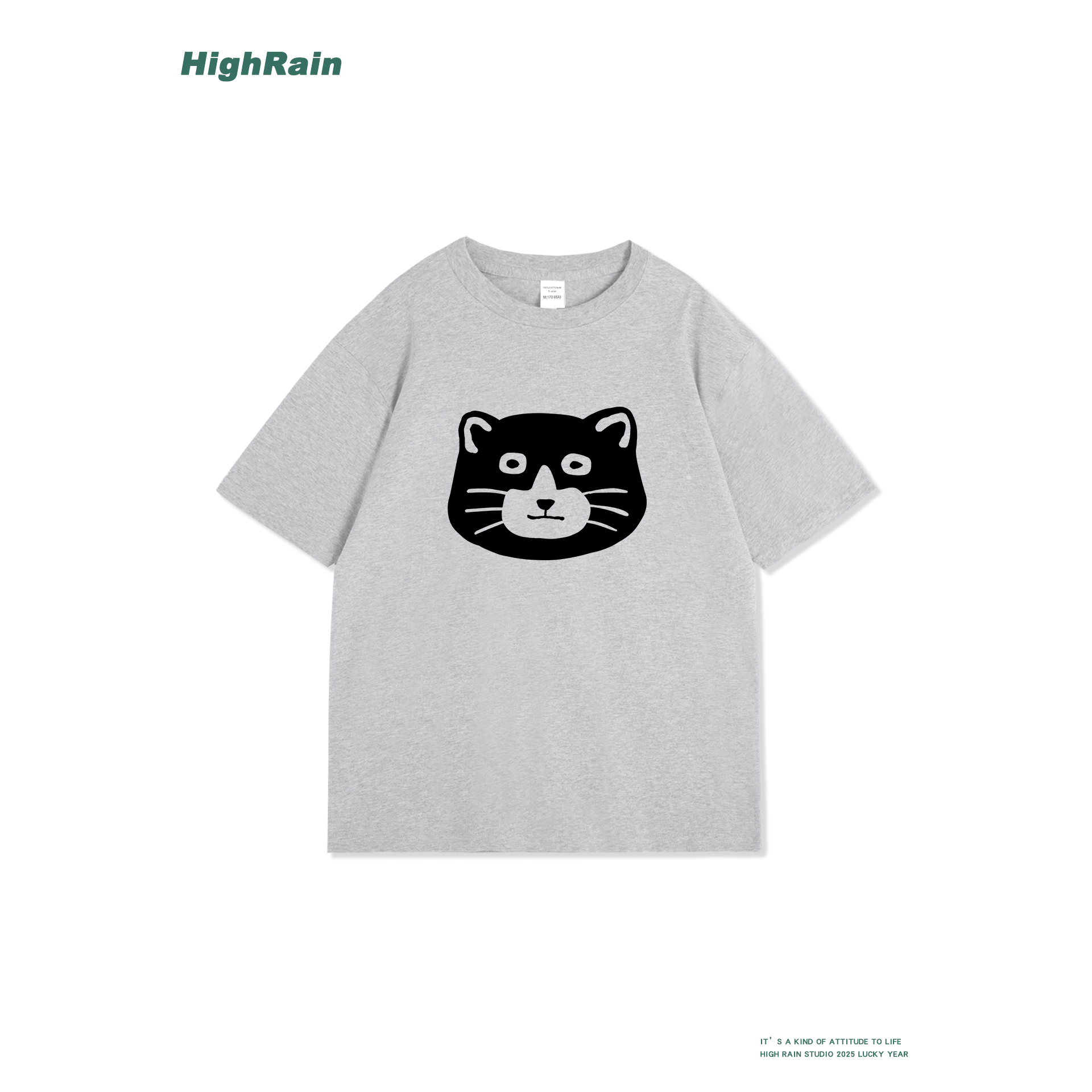 HIGHRAIN大脸猫T恤浅麻灰夏季宽松圆领短袖个性卡通印花潮流上衣