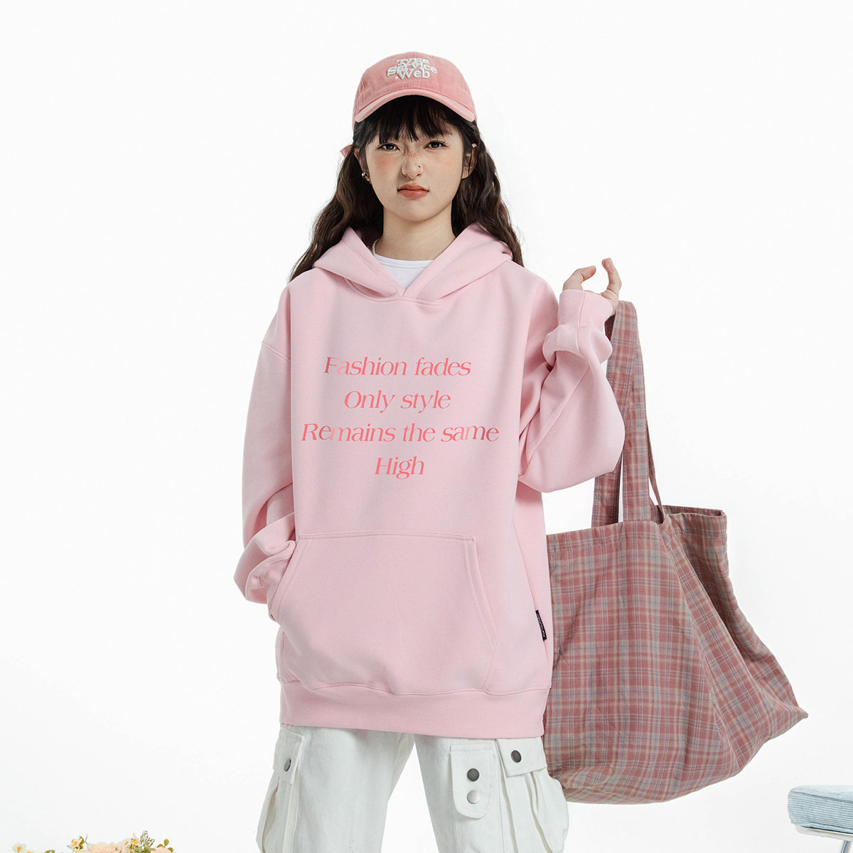 潮牌简约美式字母连帽卫衣女chic粉色宽松oversize休闲情侣上衣男