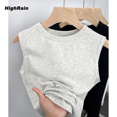 纯色百搭花灰色背心无袖T恤女
