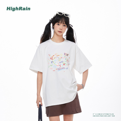 夏季多巴胺涂鸦爱心短袖T恤女