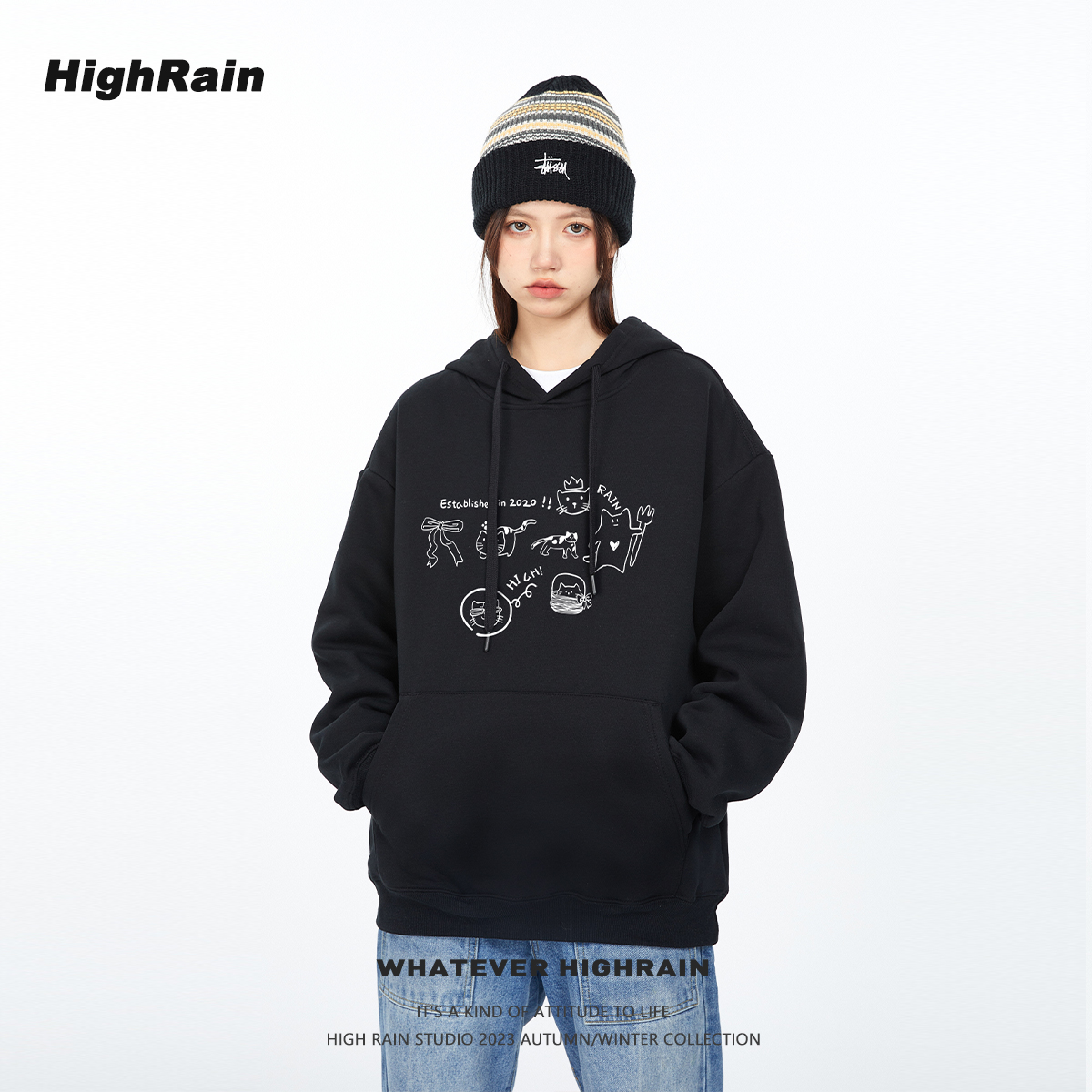 趣味手绘猫猫狗狗连帽卫衣女