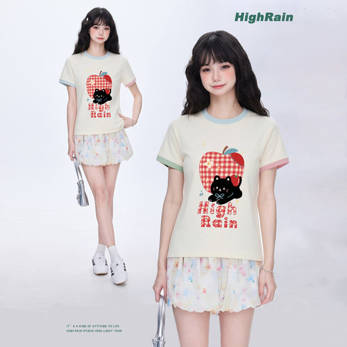 HighRain苹果风黑猫印花短袖T恤