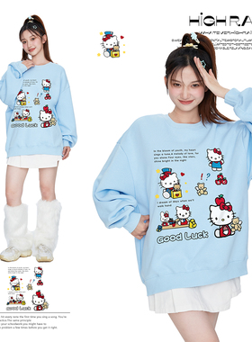 high rain 甜美撞色小猫圆领卫衣女蓝色减龄学院风无帽套头上衣潮