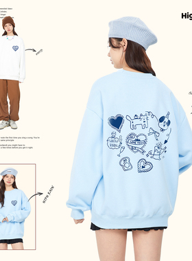 high rain 童趣爱心涂鸦猫咪圆领卫衣女韩系蓝色学院风氛围感上衣