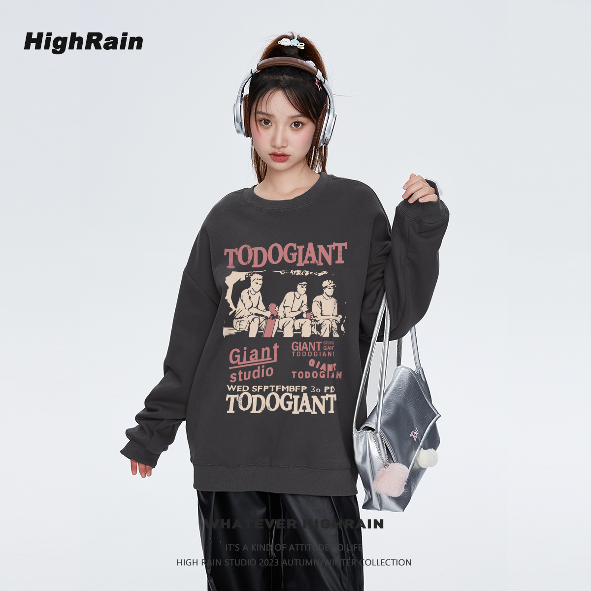 high rain 美式复古圆领卫衣女春秋即墨小众暗黑系宽松长袖上衣男