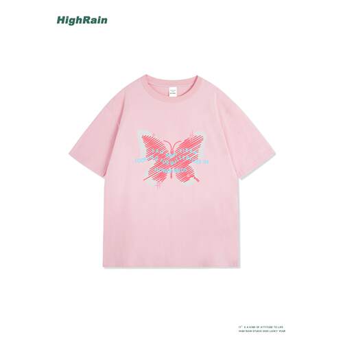 HighRain粉色蝴蝶印花短袖T恤女