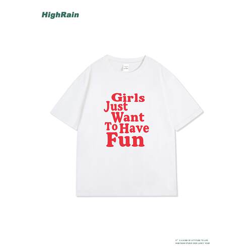 HighRain白色短袖T恤女宽松红色