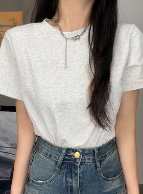 美式正肩短袖t恤女夏季新款宽松灰色打底简约百搭圆领半袖短上衣