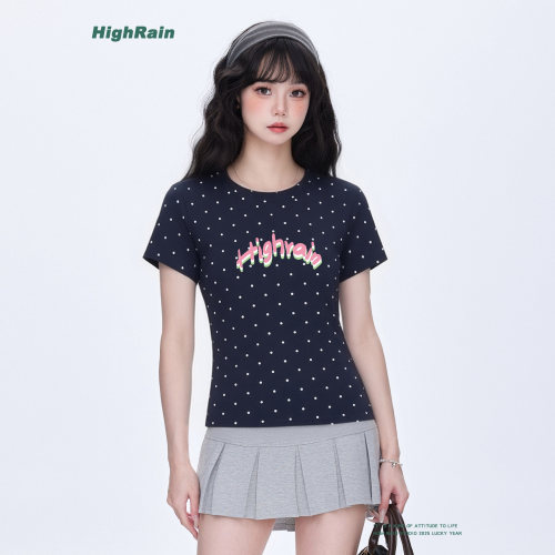 HighRain藏青色波点T恤女短袖