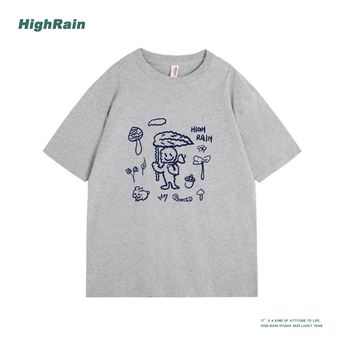 HIGH RAIN美式复古卡通小人印花T恤短袖女设计感宽松夏季穿搭上衣