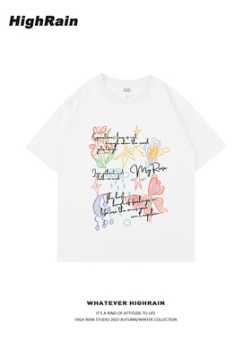 high rain 新款涂鸦蝴蝶纯棉短袖男女白色T恤潮牌小众情侣上衣夏