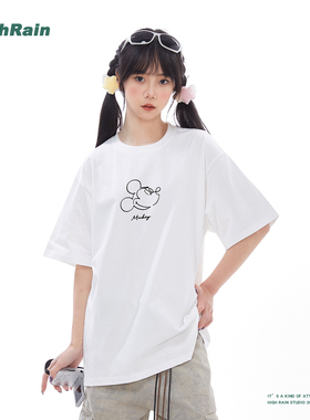 HIGH RAIN白色短袖T恤女米老鼠纯棉印花圆领百搭宽松情侣上衣夏季