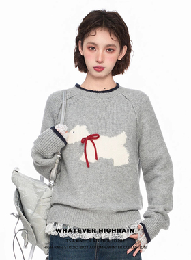 灰色圆领套头针织毛衣女小狗蝴蝶结春秋季内搭短款打底上衣