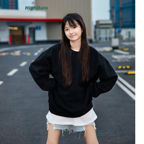 highrain黑色百搭基础款无帽卫衣男女秋冬简约情侣款舒适宽松上衣