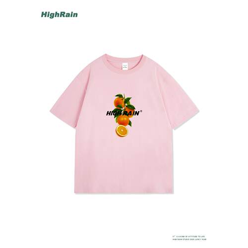 HighRain粉色短袖T恤宽松橙子印