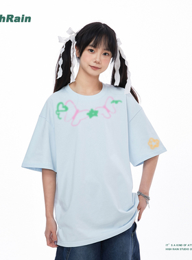 HIGH RAIN浅蓝色彩绘蝴蝶短袖女宽松慵懒风夏季百搭趣味印花t恤夏