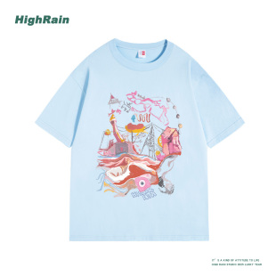 HIGH 宽松百搭独特吸睛上衣 RAIN设计感小众手绘纯棉短袖 T恤女夏季