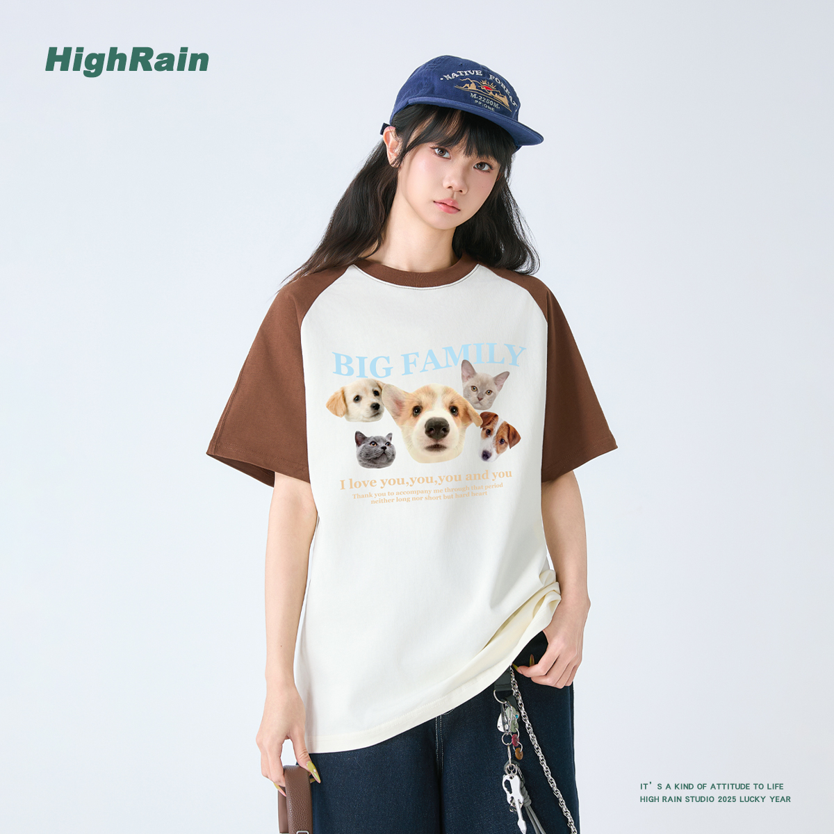 可爱萌宠狗狗插肩袖T恤男女重磅