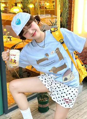 蓝色纯棉卡通腊肠狗纯棉短袖T恤女减龄多巴胺穿搭甜辣小上衣夏季