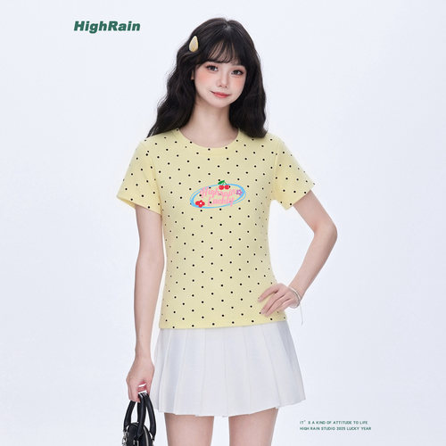 HighRain奶黄波点樱桃T恤女短袖