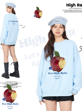 high rain 韩系创意水果圆领卫衣女蓝色2025秋季新款加绒无帽上衣