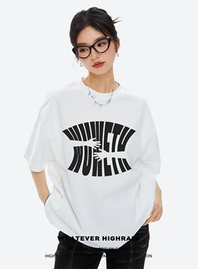 HIGH RAIN夏季美式字母印花圆领短袖oversizeT恤男女可穿宽松上衣