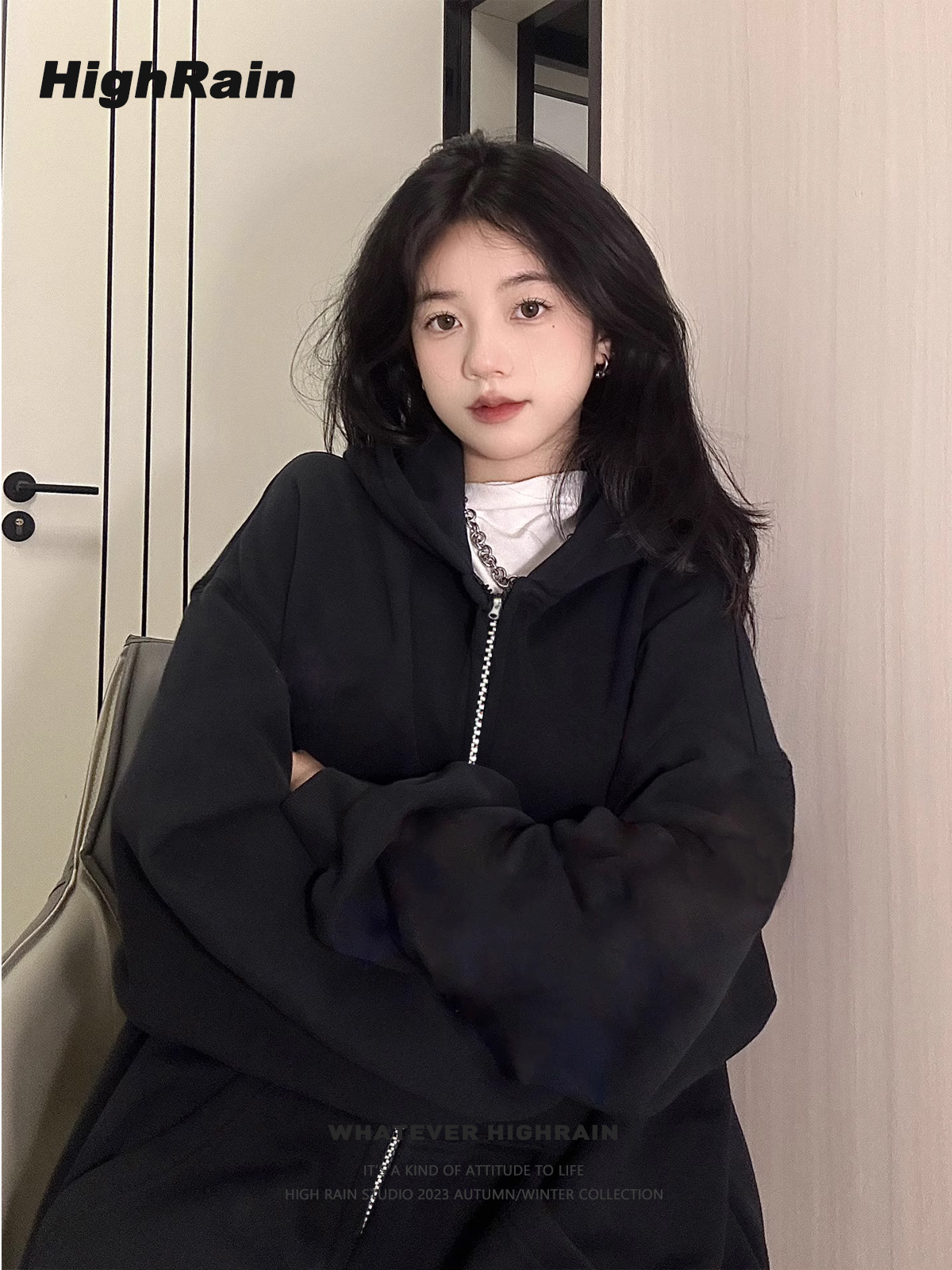 纯色拉链开衫美式宽松外套