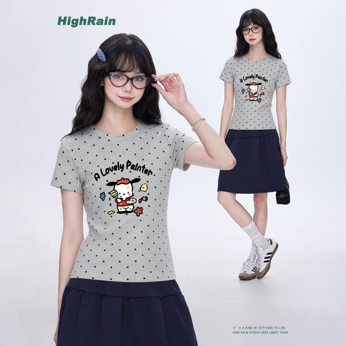 HighRain灰色波点短袖T恤女夏季