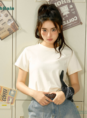 HIGH RAIN白色正肩独特漂亮短袖t恤女夏季修身内搭2025新款棉上衣