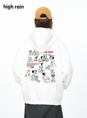 high rain 秋季斑点狗连帽卫衣女白色上衣卡通宽松外套帽衫衣服男