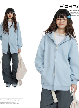 high rain 美式潮牌纯色拉链开衫女蓝色2025秋冬季慵懒感帽衫上衣