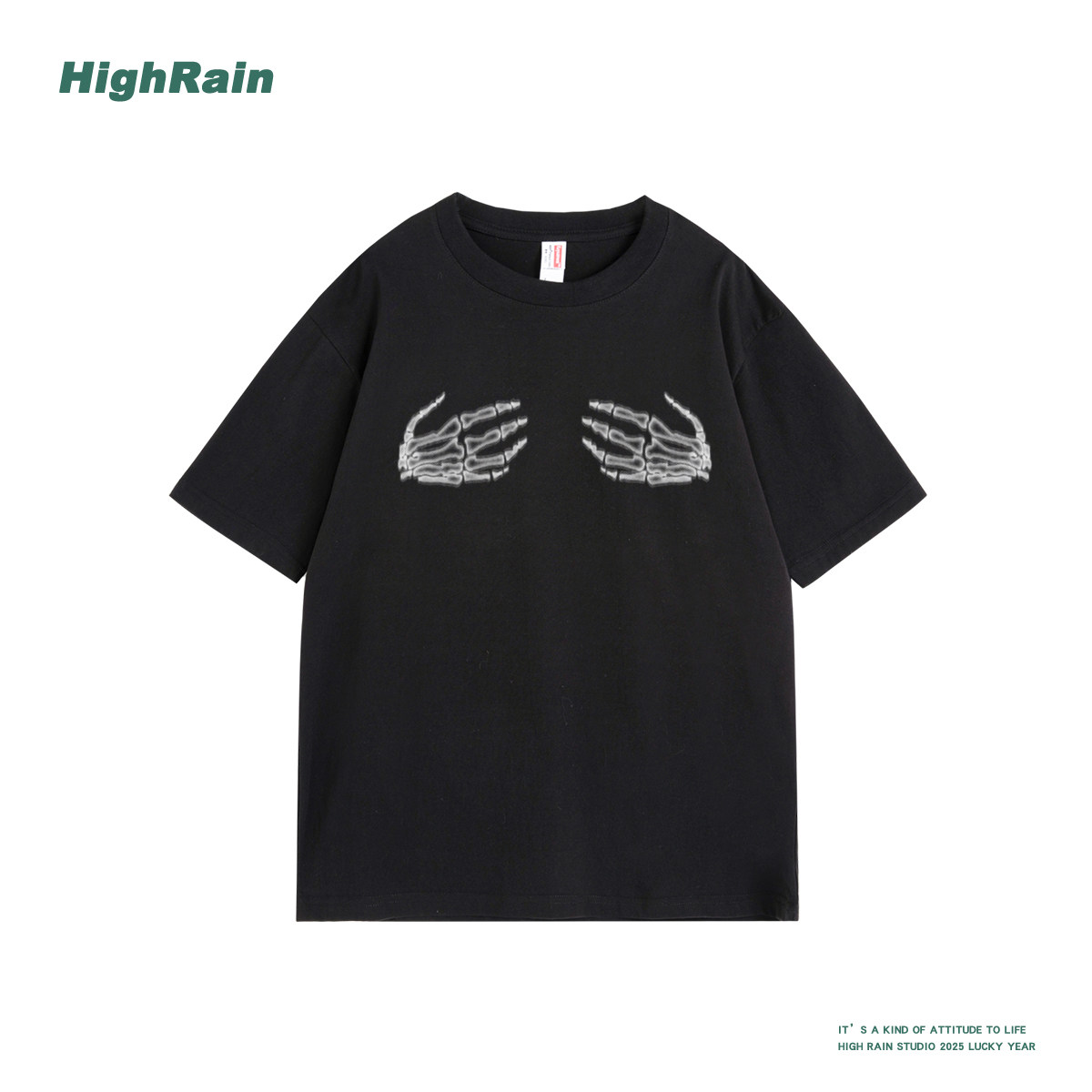 HIGH RAIN街头美式个性化T恤短袖女纯棉宽松设计感手掌印花半袖潮 - 实物图