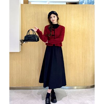 中长款连衣裙套装女2025年春秋新款洋气针织毛衣短外套裙子两件套