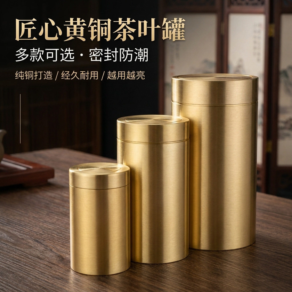 黄铜光面螺丝罐便携旅行茶叶盒子小精致随身密封罐茶叶储存罐空罐图片