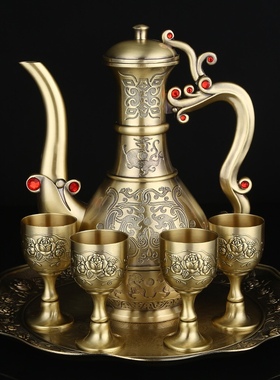 欧式白酒酒具套装创意复古青铜白酒杯家用高档刻花烈酒杯大号礼盒